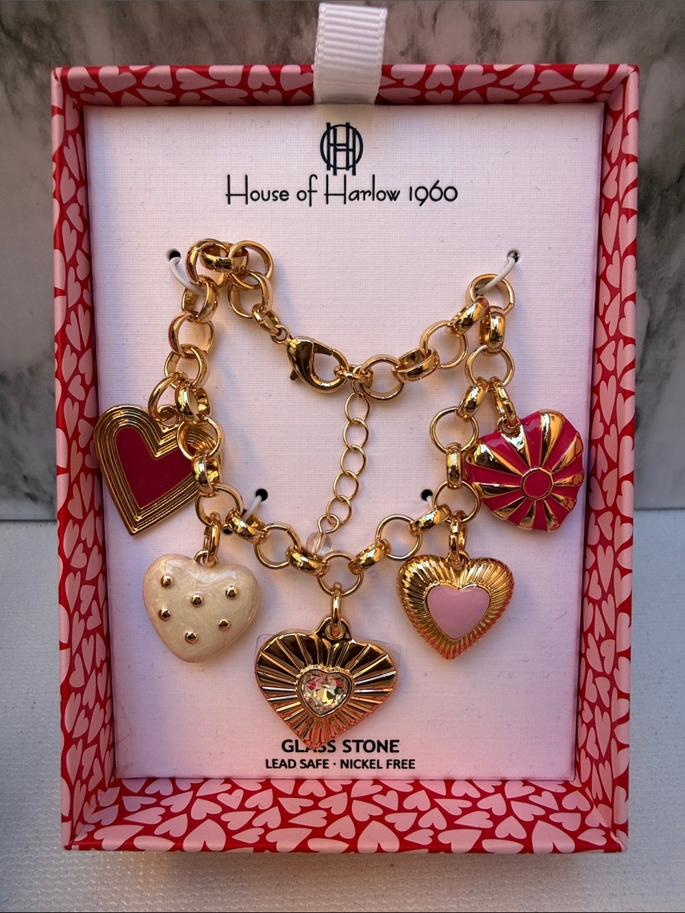 House of Harlow 1960 Glass Stones Bracelet Heart Charms ~ Brand New in box